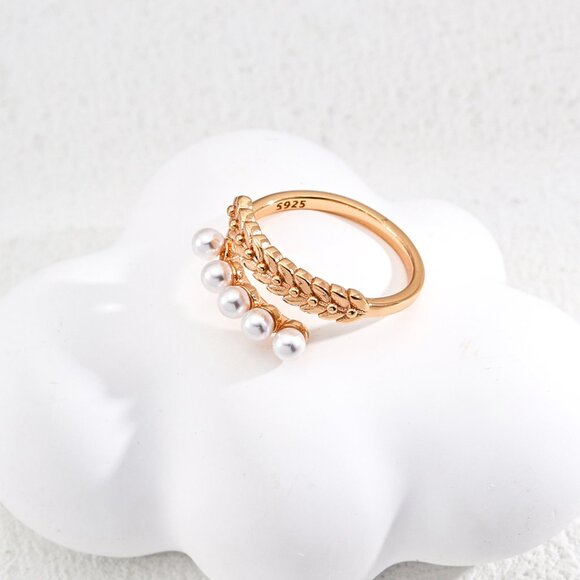 Handmade Jewelry - ✨ Artisan Original Laurel Leaf & Dangling Pearl Ring | S925 Gold Adjustable